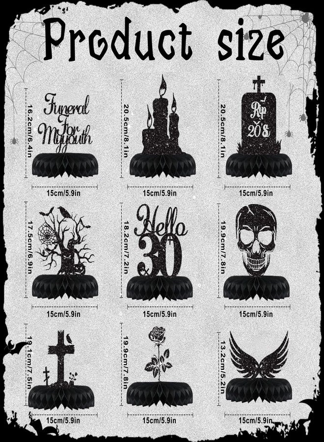 Koeilay 9 Pcs Death to My 20s Decorations 30th Birthday Decorations Rip to My 20s Honeycomb Centerpiece Gothic Table Decor Glitter Funeral for My Youth Halloween Black Birthday Party Supplies for Men Women - Image 2